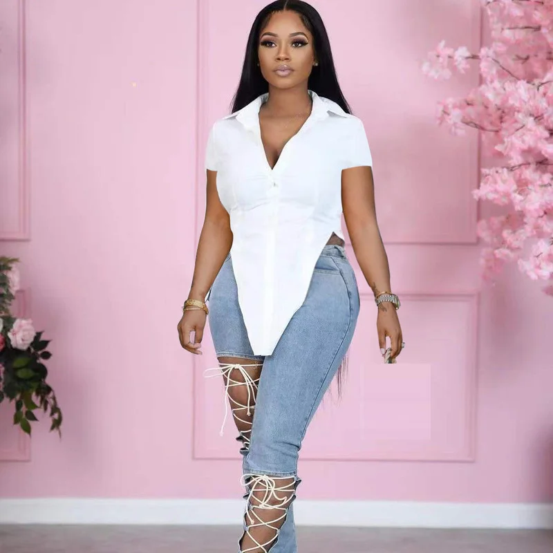 

KEXU Irregular V-hem Short Sleeve Single Breasted Blouse for Women 2022 Streetwear Elegant Solid Casual Shirt Top