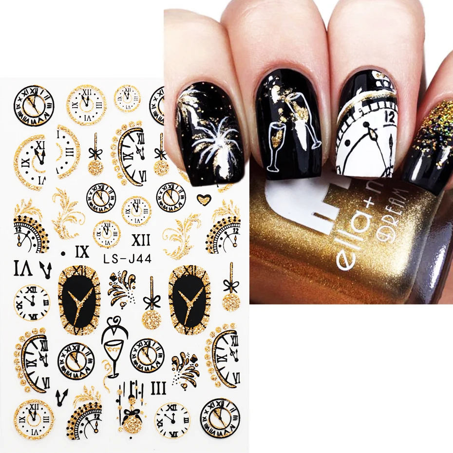 

Блестящие золотые часы, клетчатая лента, зимние рождественские наклейки для ногтей, новогодние слайдеры, украшение
