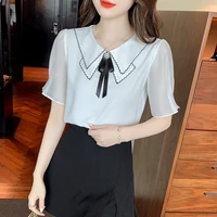 chiffon short sleeve female shirts for women clothing korean fashion 2022 summer office lady peter pan collar casual blouses