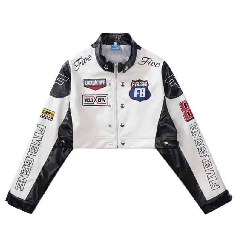 1pcs Womens PU Leather Short Baseball Jackets Coat 2022 Faux Fur Embroidery Splicing Zipper Ladies Skinny Locomotive Small Coats