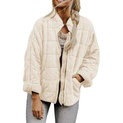 Женская Осенняя стеганая куртка с воротником-стойкой, легкая теплая куртка на молнии (с карманами)