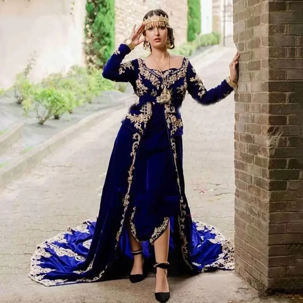 

Royal Blue Algerian Caftan Evening Dress Morocco Velolur Long Sleeves Peplum Gold Appliques Lace Prom Party Gown Robes De Soirée