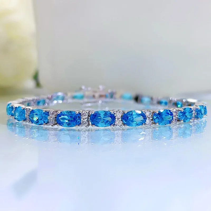 

2023 New S925 Silver Ocean Blue Treasure Bracelet Women's Luxury Inlaid Retro Temperament Premium Feel Bracelet