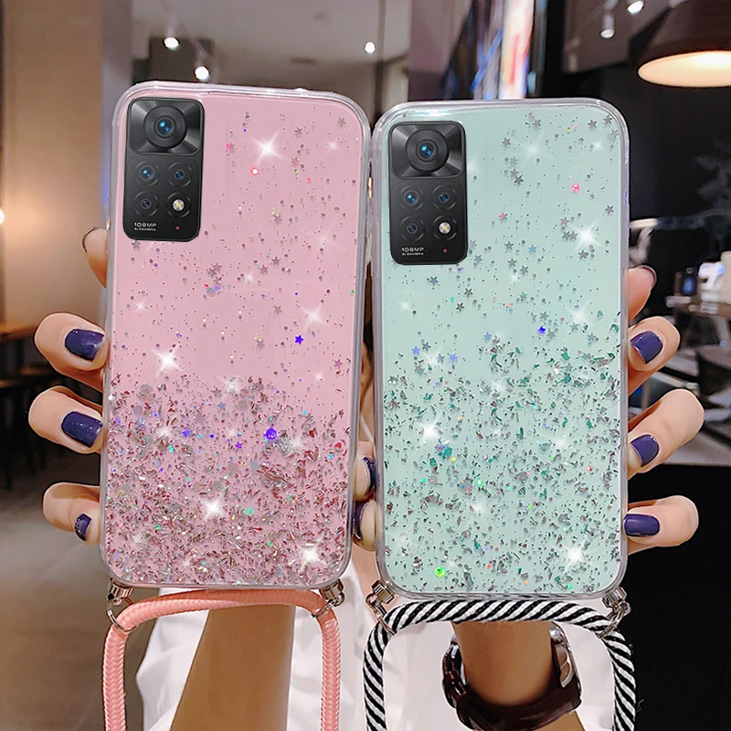 

Crossbody Necklace Cord Lanyard Case For Xiaomi Mi 11 Lite 12 Pro 11T 10T Poco F3 X3 Redmi K50 Note 11 10 9S 9 8 7 Glitter Cover