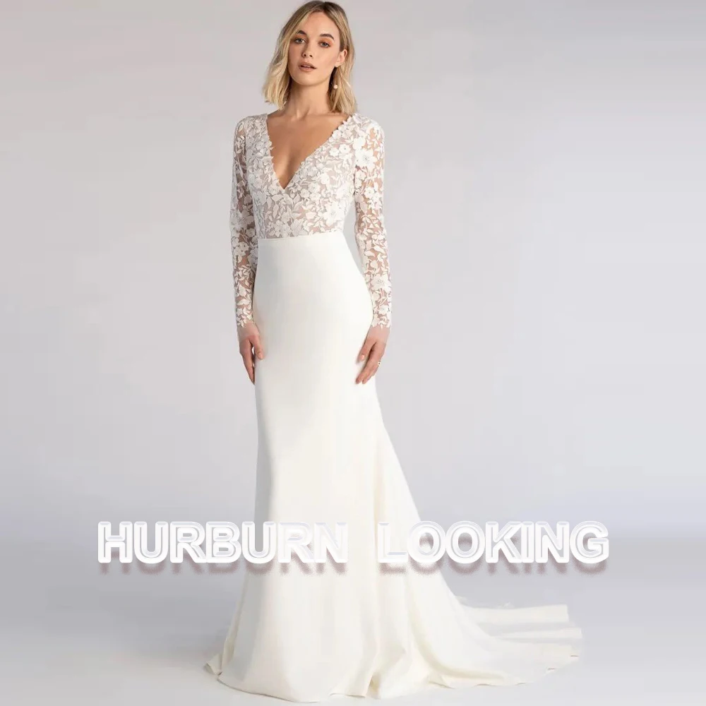 

HERBURN Elegant Mermaid Wedding Dresses For Women Long Sleeves Satin Modern V-Neck Sexy Charming Customizable Vestidos De Novia