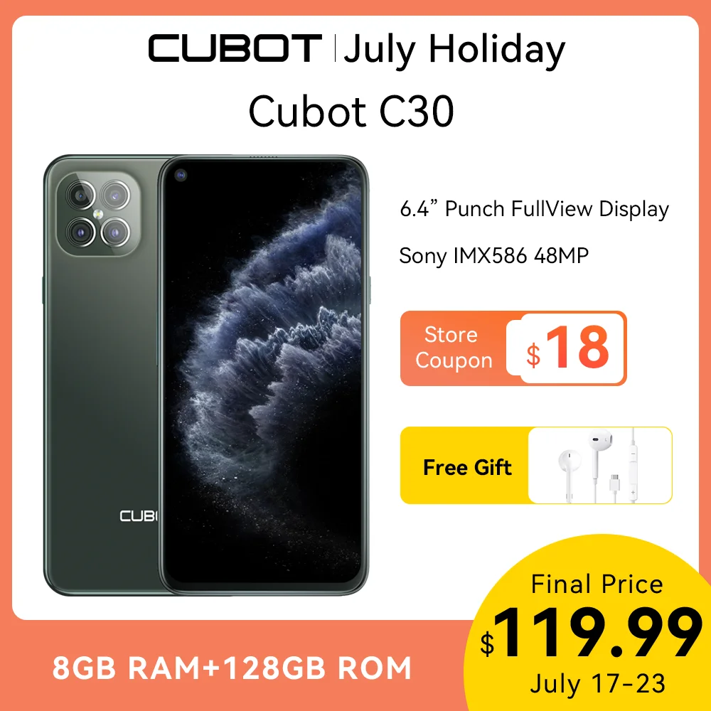 

Cubot 8GB Smartphone C30 Global 4G LTE 128/256GB 32MP Selfie 48MP Quad Camera Helio P60 NFC 6.4"FHD+ 4200mAh Android 10 Celular