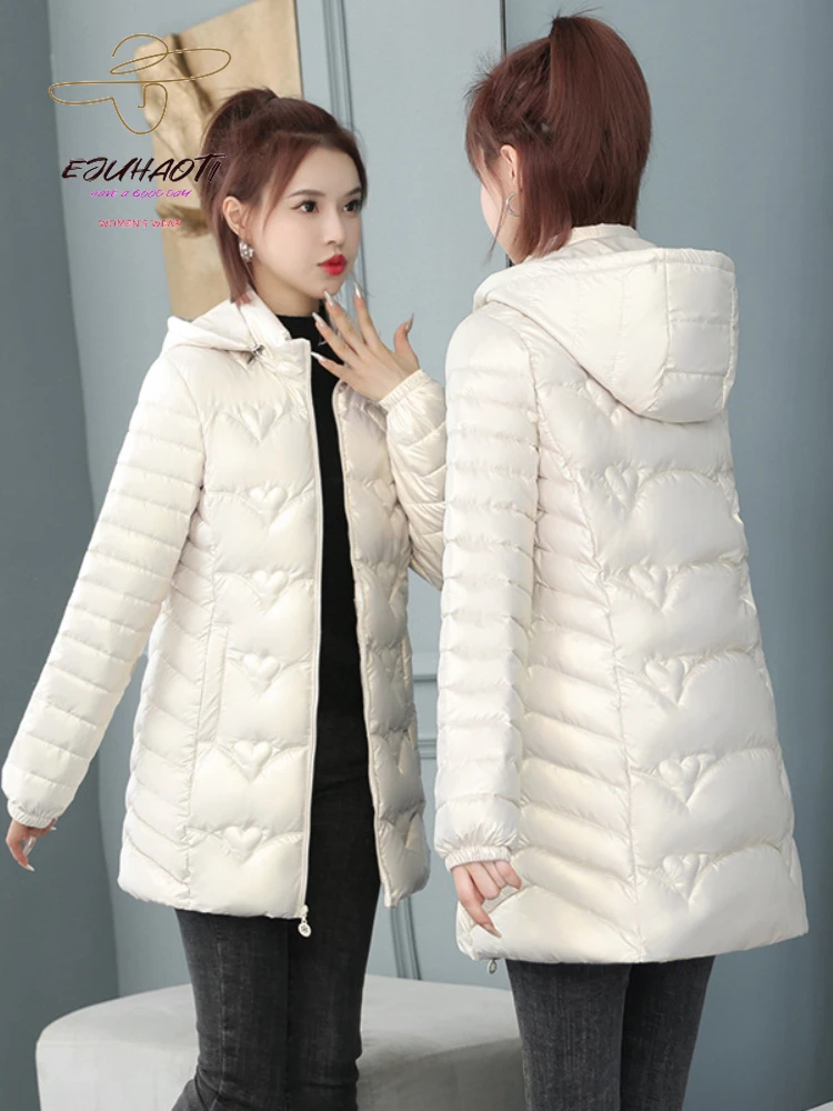 

Women's Jacket Korean Fashion Glossy Light Thin Cotton Coat 2023 Autumn Winter Slim Mid Length Version Warm Thicken Parkas Women