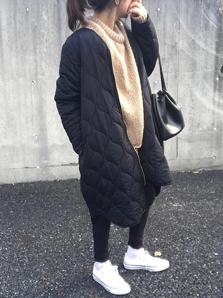 Women's Winter Jacket 2023 Zipper Green Loose Warm Plaid Top V-Neck Casual Streetwear Light Long Quilted Coats Female Cardigan