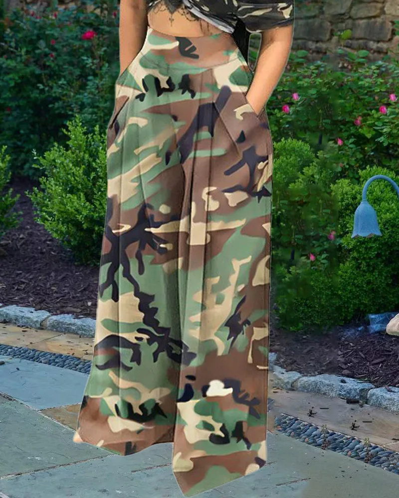 

Women Trousers Fashion Casual Summer Camo Print Elastic Waist Wide Casual Pocket Loose High Waist Temperament Street Trousers