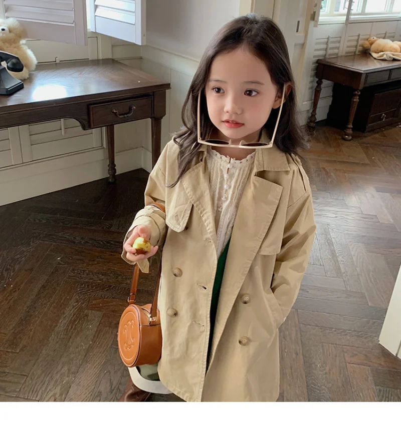 Autumn Girls Trench coats solid color long style Windbreaker Kids double-breasted casual outerwear