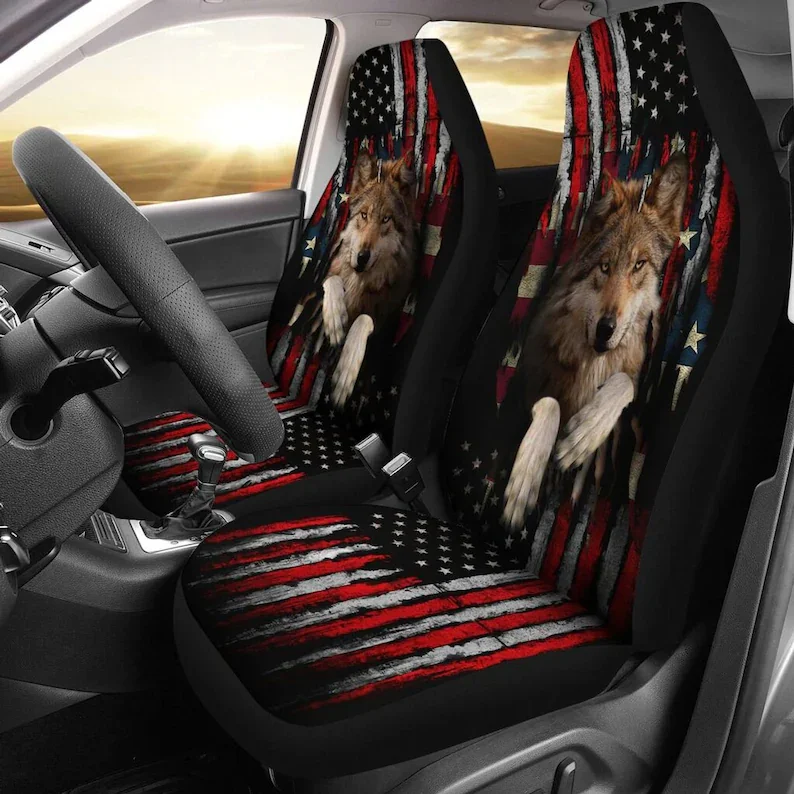 

3D Wolf In Flag Car Seat cover Animal Car Seat Covers, Flower Seat Cover, Galaxy Seat Covers, Custom Front Car Seat Covers, Pair