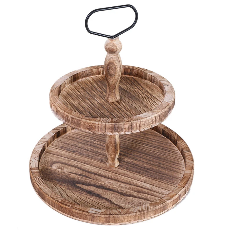 

Vintage Wood Two Tiered Tray With Round Metal Handle,Easy To Assemble 2 Tier Home Decor For Tiered Cake Presentation