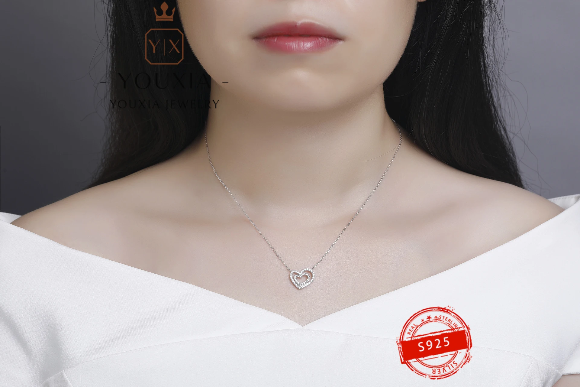 hot selling own brand diy925 silver senior double heart full diamond design party banquet fashion personality ladie high jewelry free global shipping