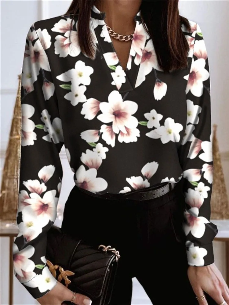 

Elegant Flower Print Loose Shirts Blouse Women Fashion Casual Long Sleeve Shirt Pullover Tops 2022 Office Sexy V Neck Lady Blusa