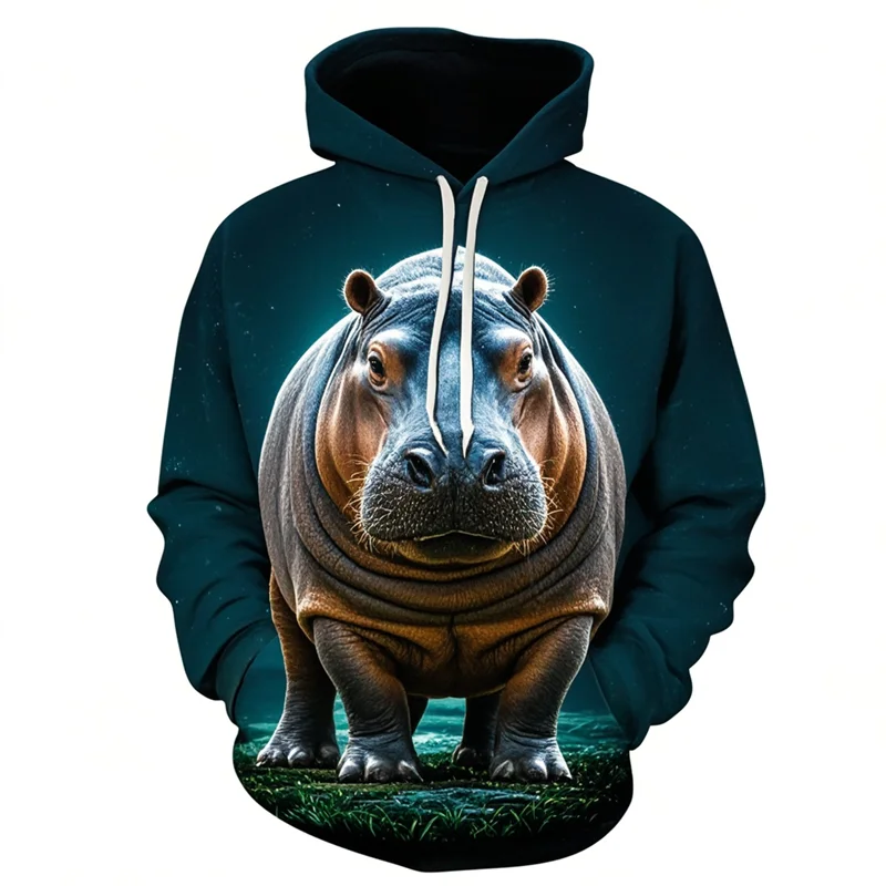 Фото New Fashion Animal Hippopotamus 3D Printed Unisex Hoodies Personality Casual Cute Pigmy Hippopotamus Oversize Sweatshirts Tops №3