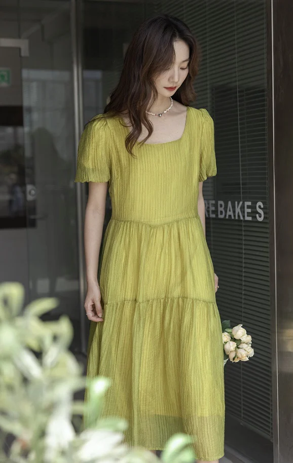 

2023 spring and summer women's clothing fashion new Square Collar Stitching Big Swing Dress 0504