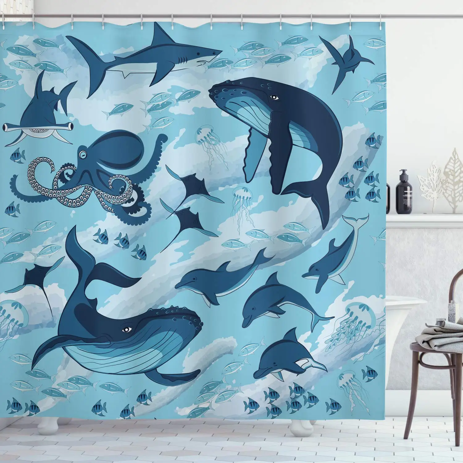 

Whale Shower Curtain Animals on Wavy Ocean Design Print Waterproof Polyester Fabric Bathroom Decor Bathtub Screen with Hooks