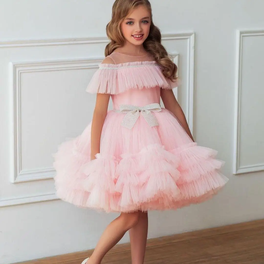 

Flower Girl Dress 2023 Pink Tutu Girls Birthday Party Gowns Sheer Neck Child Kids Pageant Dresses First Communion Dress