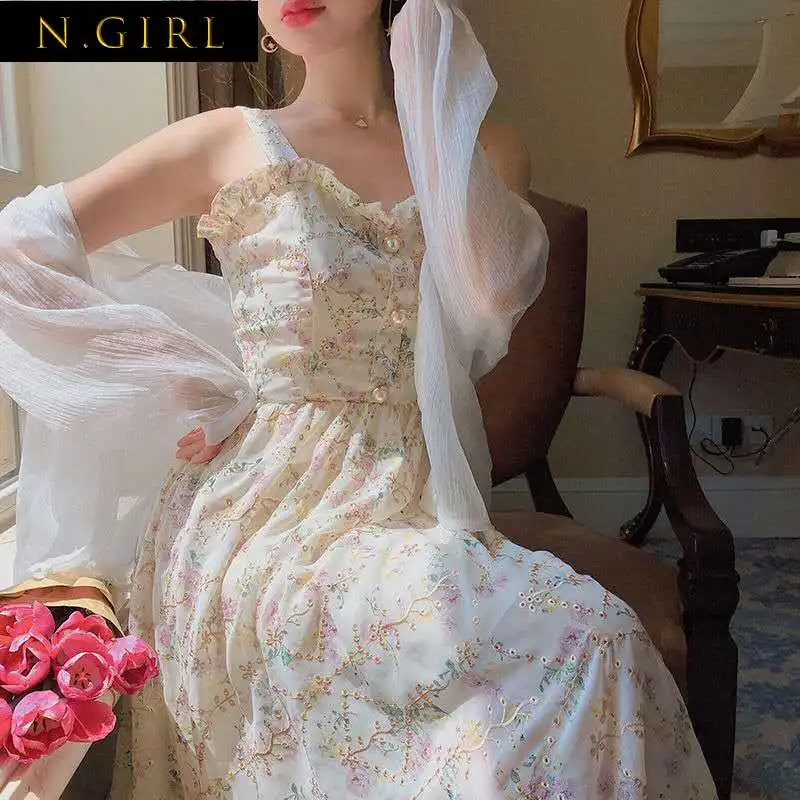 

N платье на бретелях-спагетти для девочек, женское элегантное французское винтажное Цветочное платье, милая летняя модная одежда, цельное п...