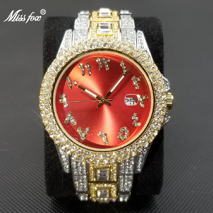 

Часы наручные Qaurtz мужские с браслетом из муассанита, роскошные светящиеся водонепроницаемые с красным циферблатом в стиле хип-хоп, 2023