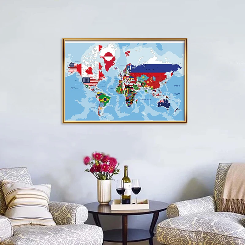 

45*30cm The World Map with National Flags Canvas Painting Wall Art Poster and Prints Teaching Supplies Living Room Home Decor