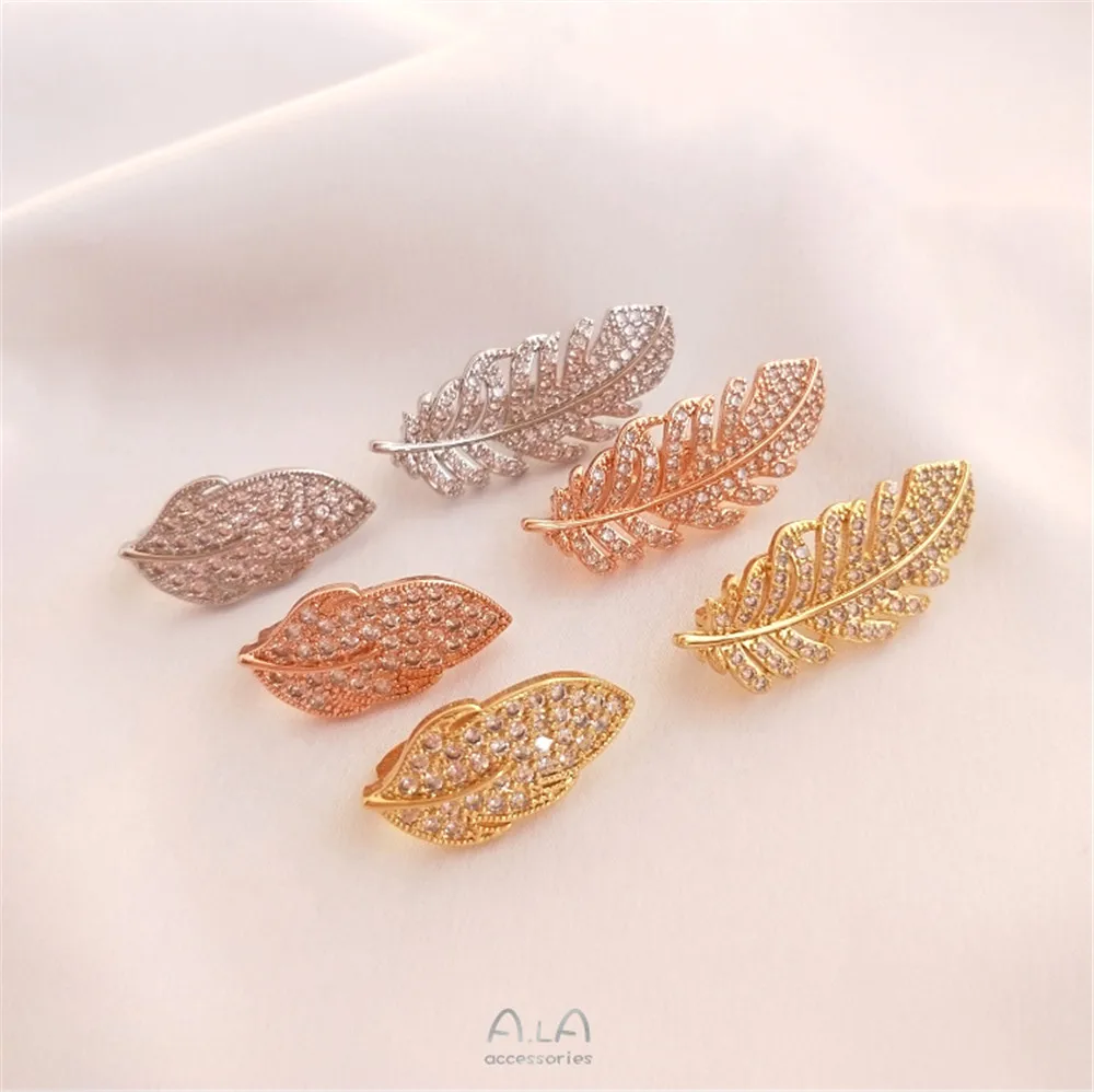 

Vacuum plated 18K real gold white gold micro-inset zircon leaf feather pearl clasp diy necklace sweater chain