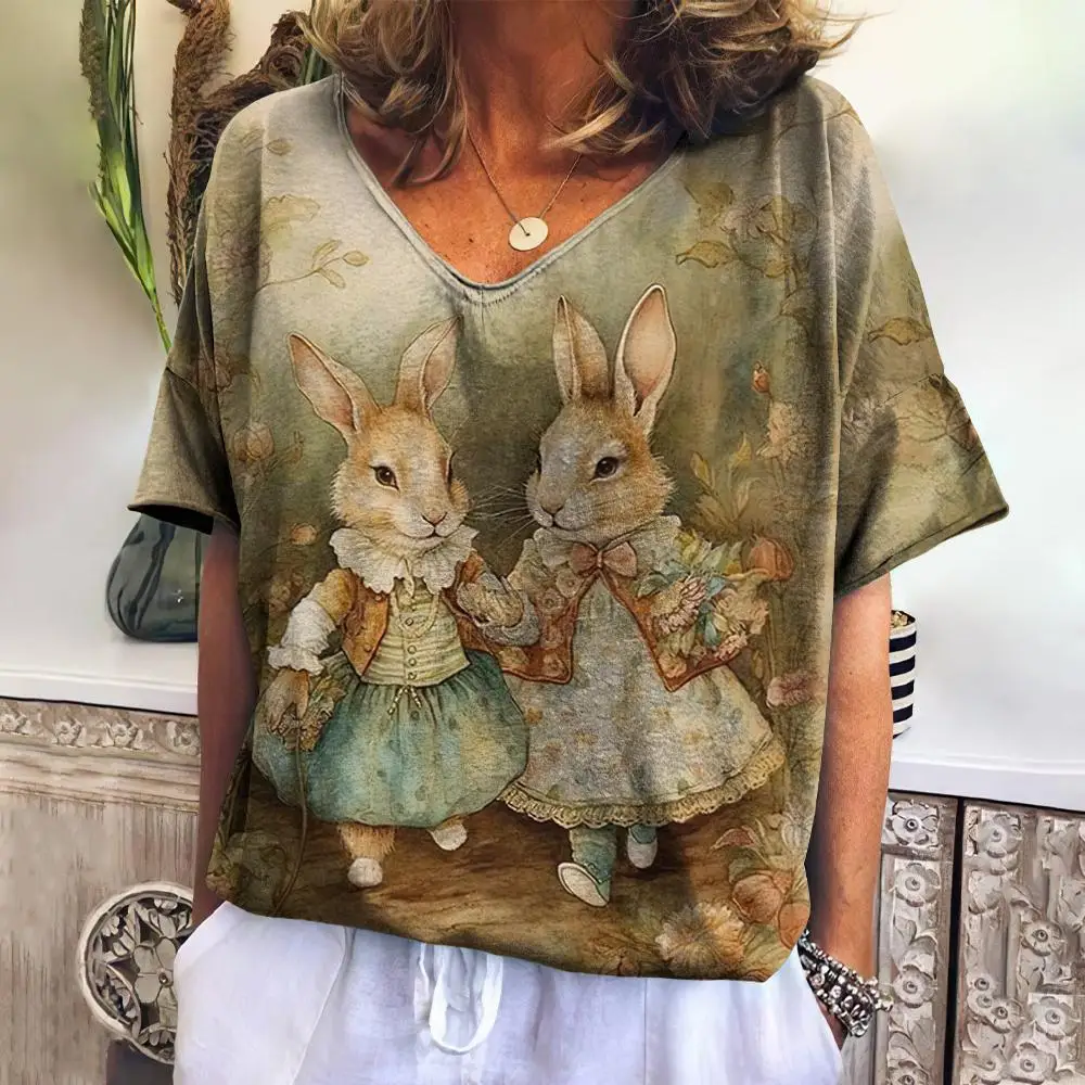 Женская Винтажная футболка с коротким рукавом и V-образным вырезом