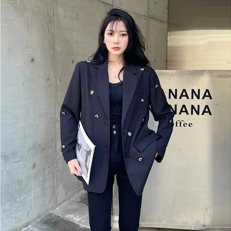 Heavy-Duty Letter Rhinestone Black Suit Jacket for Women Spring Autumn Leisure 2023 New High-Grade Suit Blazer Coat Top Commuter
