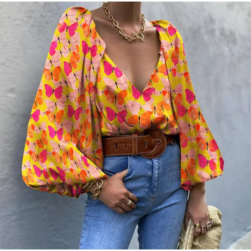 

2021 Cottagecore Retro Butterfly Long Sleeve Puff Sleeve Top Printed Ladies Lace Orange V-Neck Woven Ladies Summer Street Wear