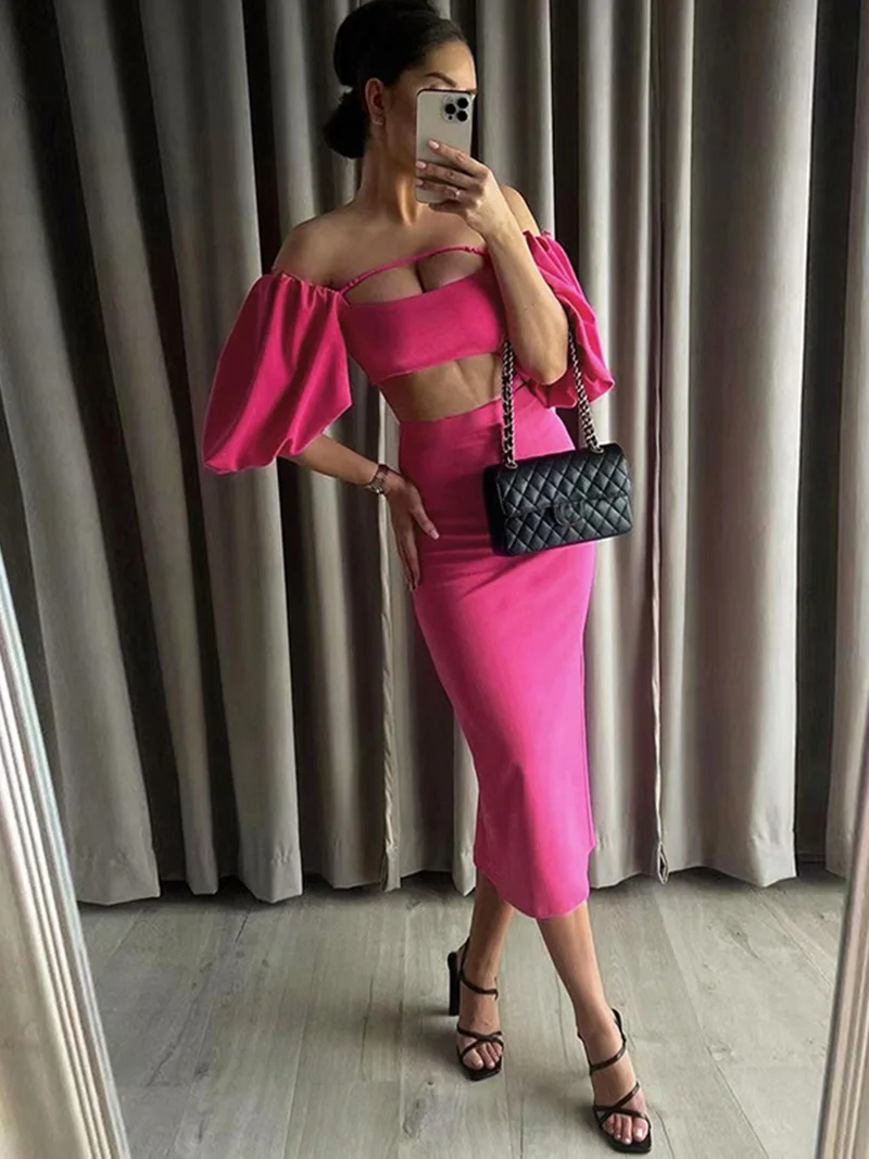 

Spring Summer 2022 Women Sexy Solid Bodycon Slim Fit Midi Skirt Set Outfits Crop Tops 2 Two Piece Matching Set Female