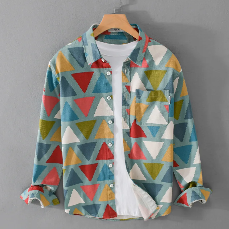 

High Quality Geometric Color 100% Cotton Shirts For Men Spring Autumn Long Sleeve Casual and Handsome Men's Shirt Male Tops