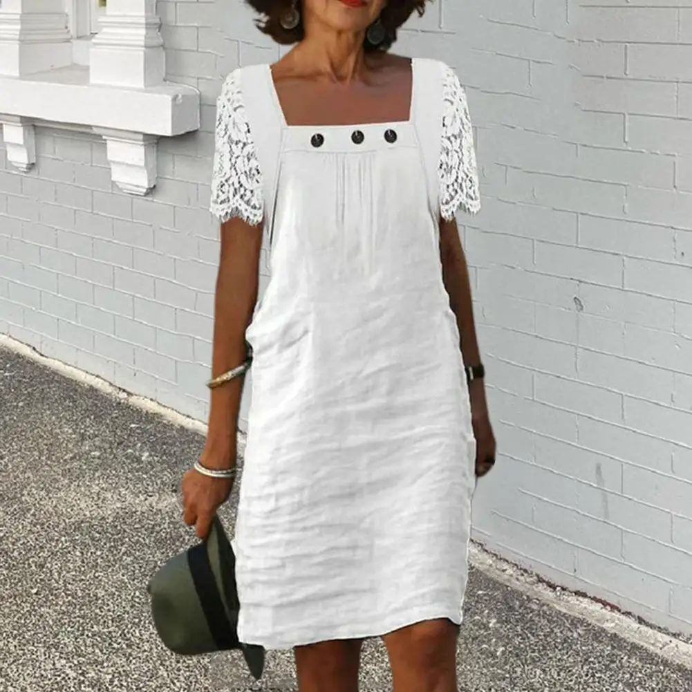 

2023 Cotton Dress Women's Square Neck Short Sleeve Solid Color Loose Dress Female Summer Fashion Office Casual Ladies Clothes Ve