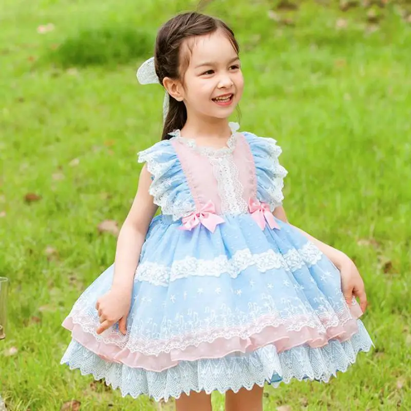 Lovely Sweet Girls Summer Lolita Dress Sleeveless Style Ruffle Hem Mid Length Ball Gowns Children Party Costume Street Dresses