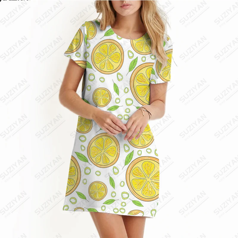 2023 Women's Summer New Fashion Hawaiian Beach Dress Lemon 3D Printed Short Sleeve T-shirt Women's Round Neck Knee Length Skirt