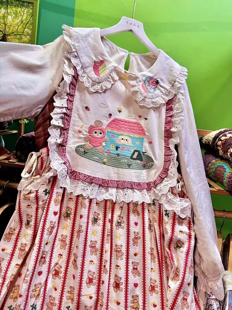 Фото Женское флисовое платье с кружевными вставками в стиле Mori Girl, Harajuku, Cottagecore, Goblincore, Shabby Chic, Kawaii, Lolita, вельветовое платье №4