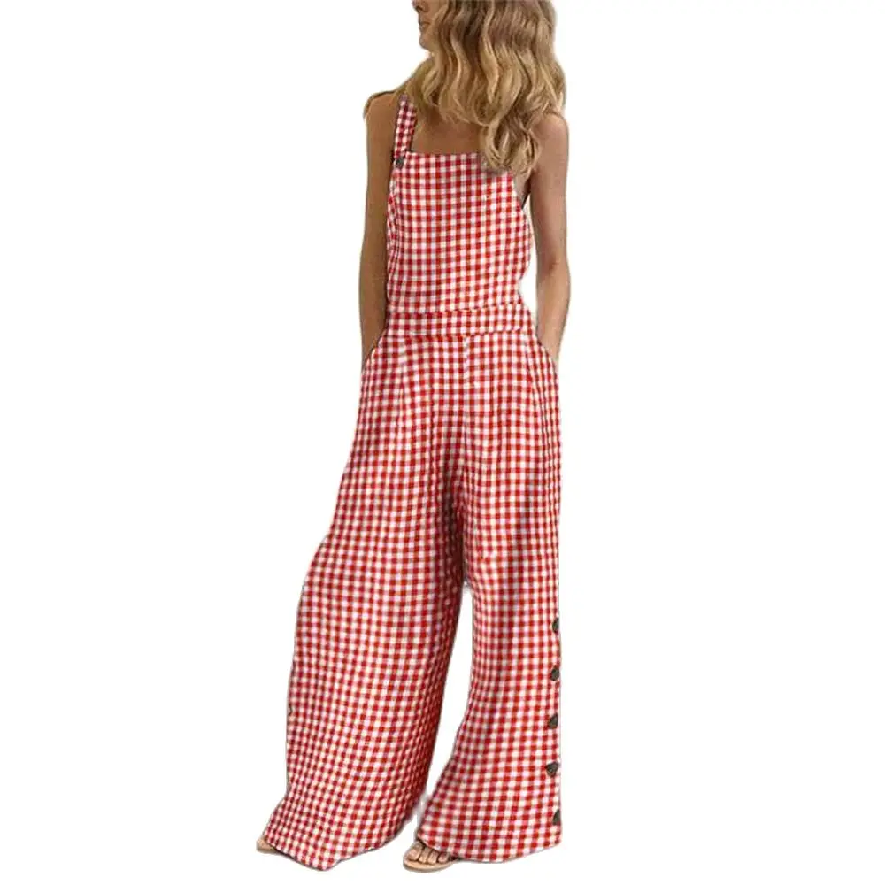 Women's Multi-Color Multi-Size Cotton And Linen Printed Button Decorative Suspenders Jumpsuit