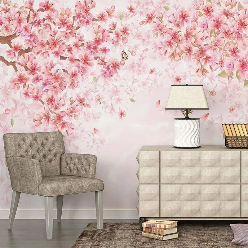 

Custom Any Size Mural Wallpaper Nordic Hand Painted Idyllic Romantic Cherry Blossom Flowers Indoor Background Wall Painting 3 D