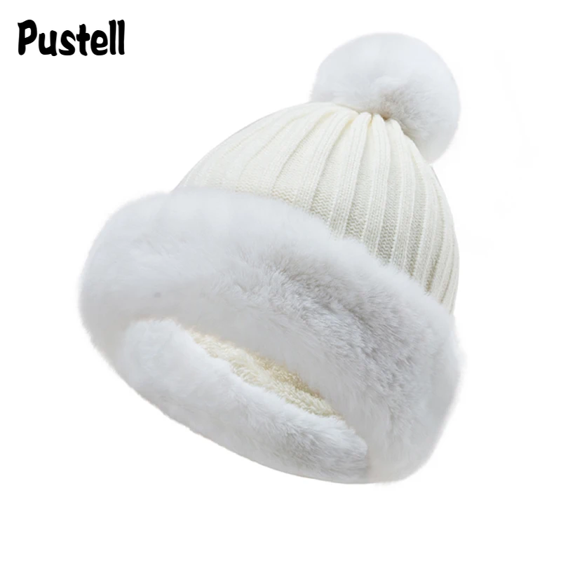 

Women Beanie Hats Knitted Winter Plus Velvet Skullies Fashion PomPoms Warm Soft Outdoor Solid Female Caps