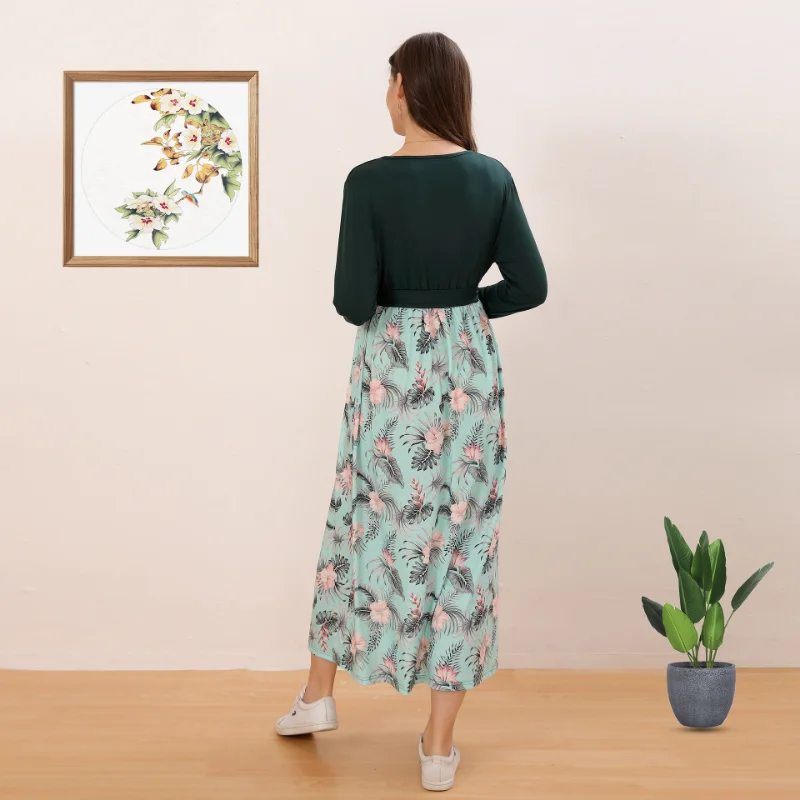 New Spring & Autumn Women Fashion Maternity Maxi Dress Casual V-Neck Floral Printing Patchwork Long Sleeve Pregnancy Clothes enlarge