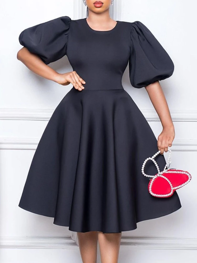 Women Elegant Club Party Dress Plus Size Puff Sleeves Pleated Midi Dresses High Waist Fashion Swing Robes Femme Gowns Vestidos