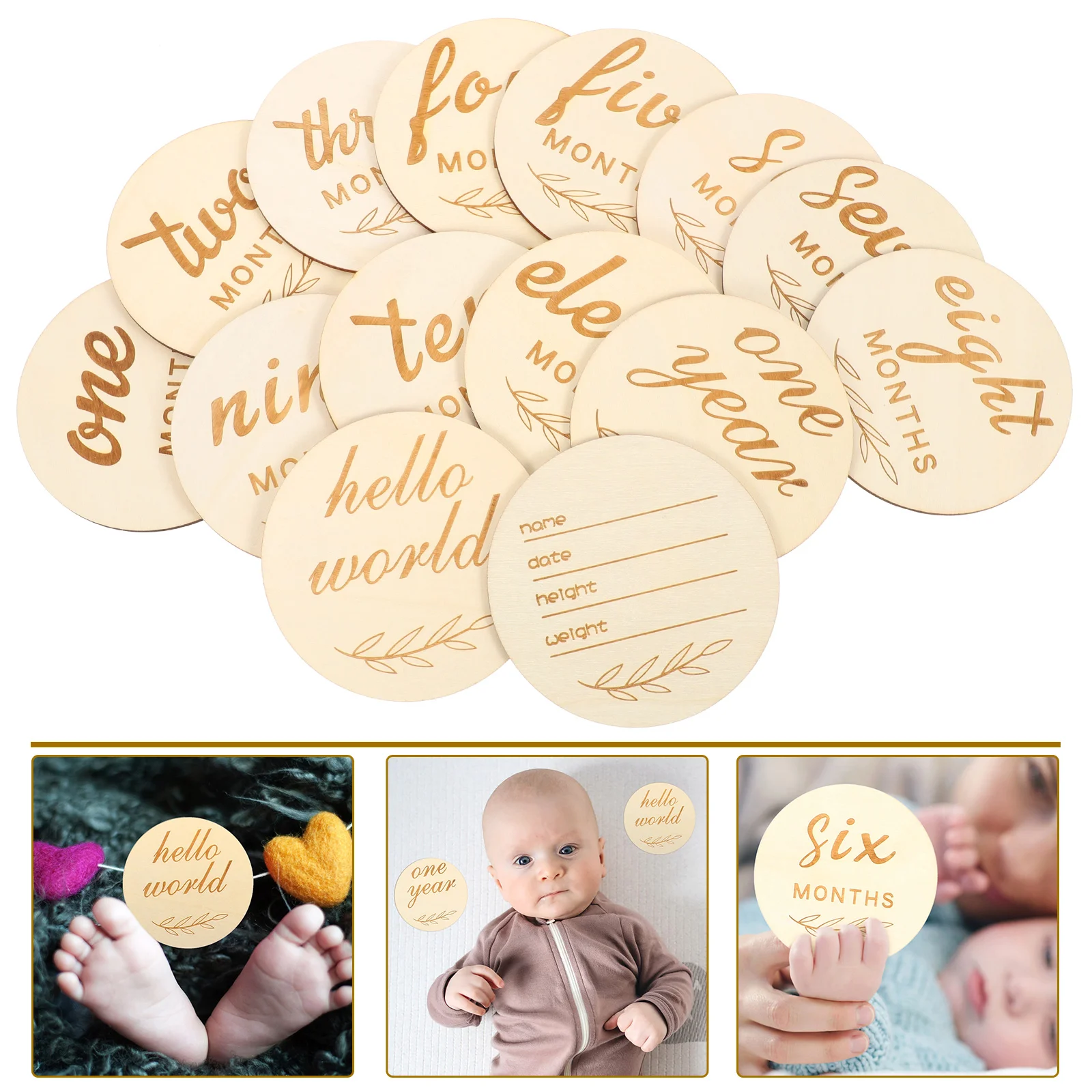 

Baby Milestone Wood Growth Signs Months Wooden Discs Cards Photo Name Announcement
