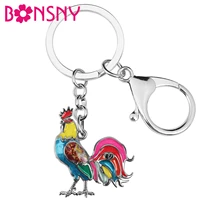 bonsny enamel alloy floral standing rooster chicken keychains key chain ring fashion jewelry for women men teens charms gifts