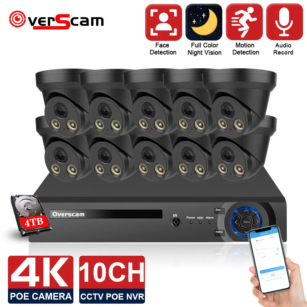 

Камера видеонаблюдения 10CH, система безопасности, полноцветная камера ночного видения 4K 8CH POE NVR, уличная водонепроницаемая IP-камера, комплек...