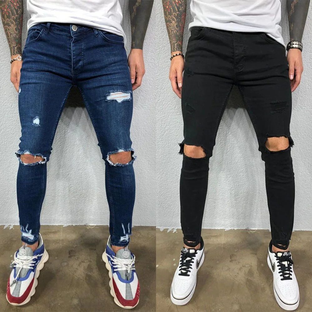 Mens Jeans Black Blue Cool Skinny Knee Hole Ripped Stretch Slim Elastic Denim Pants Solid Color High Street Style Trousers Man