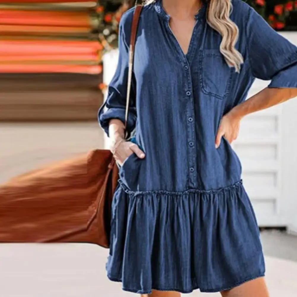 

Fashion Casual Dress Roll-up Sleeve Denim Dress Loose Sweet Ruffle Hem Distressed Denim Dress Short