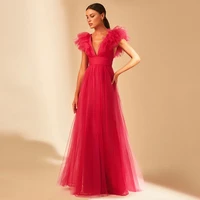 vinca sunny simple ruffles tulle prom dresses cap sleeves v neck formal prom party gowns backless long womens evening dress
