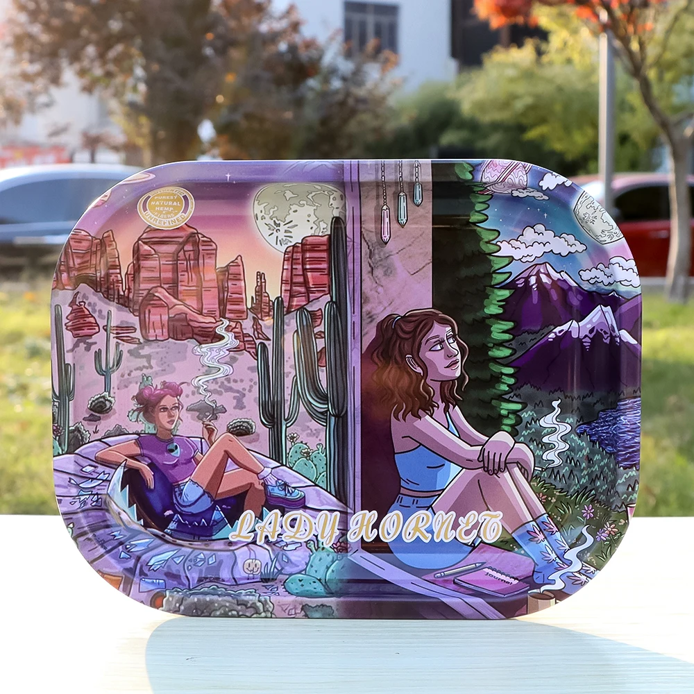 

LADY HORNET Beautiful 14*18CM Rolling Tray Metal Tinplate Plate Discs Tray