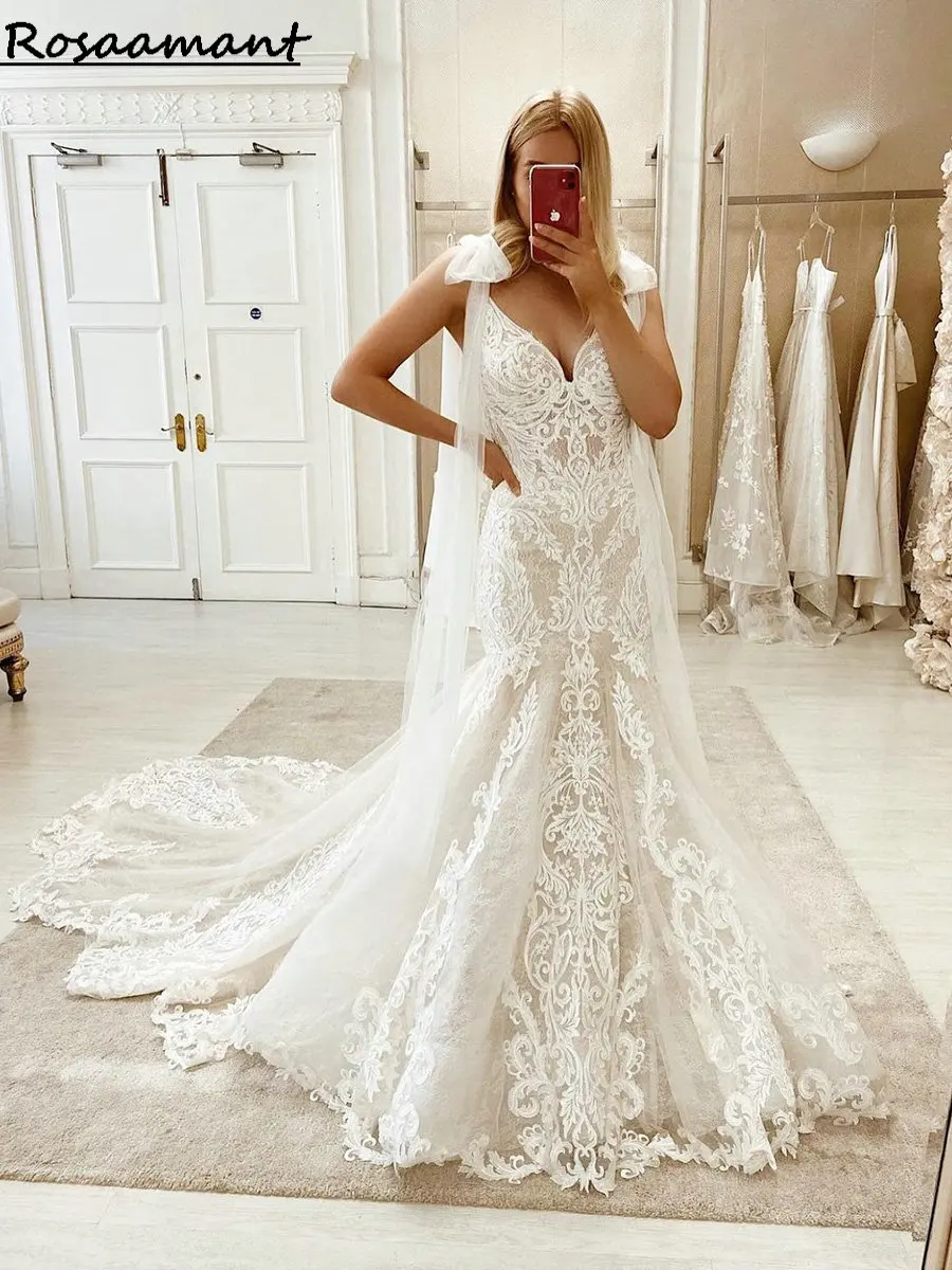 

Bohemian Sleeveless Appliques Lace Mermaid Wedding Dresses Ribbons Bow V-Neck Bridal Gowns