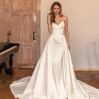 elegant mermaid wedding dresses soft satin fashion bride dress party removable skirt gowns pleats long sleeveless backless 2022
