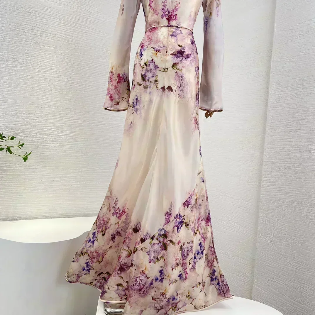 Шелковая органза новые поступления фиолетовое платье с цветочным принтом и